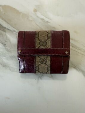 Gucci Burgundy and Tan GG Canvas Fold Wallet